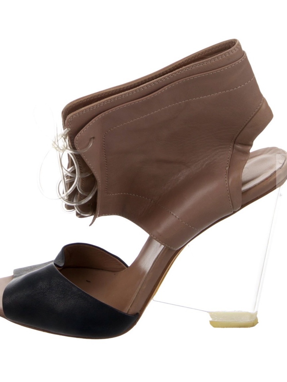 Women Open-Toe Ankle Bootie in Brown and Black with Clear Block Heel